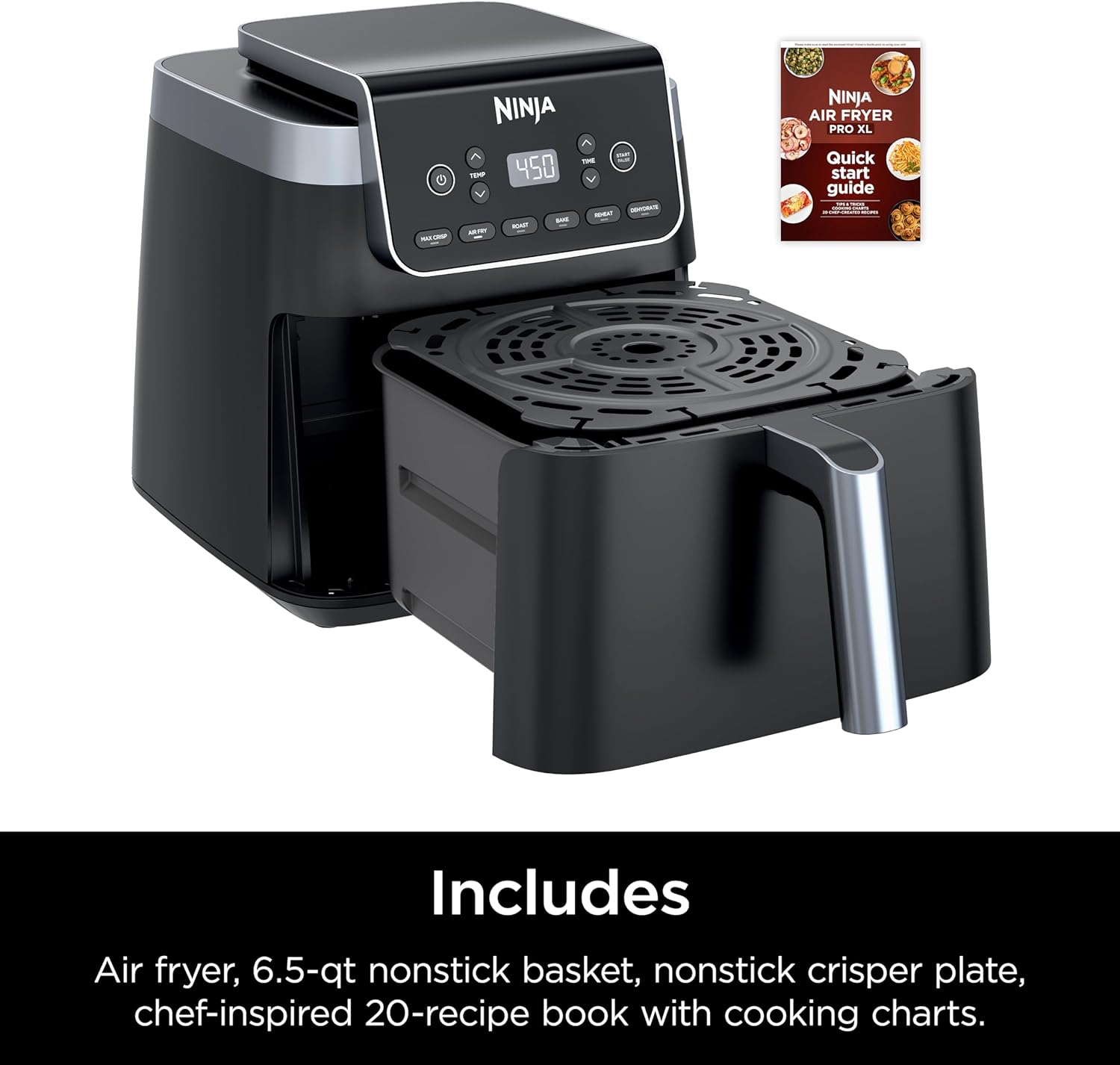 Ninja Air Fryer Pro XL 6 em 1 com capacidade de 6,5 QT, Max Crisp, Air Fry, Air Roast, Assar, Reaquecer, Desidratar, Tecnologia Max Crisp com 450F, Cesta Antiaderente e Prato Crisper, Cinza, AF181