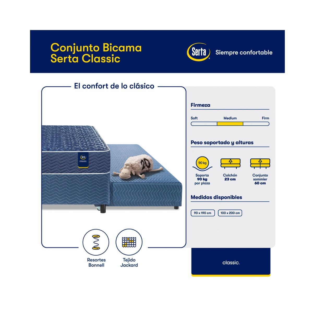 Conjunto Bicama Serta Classic + Colchón de resortes Owen de 1 plaza 90x190 cm