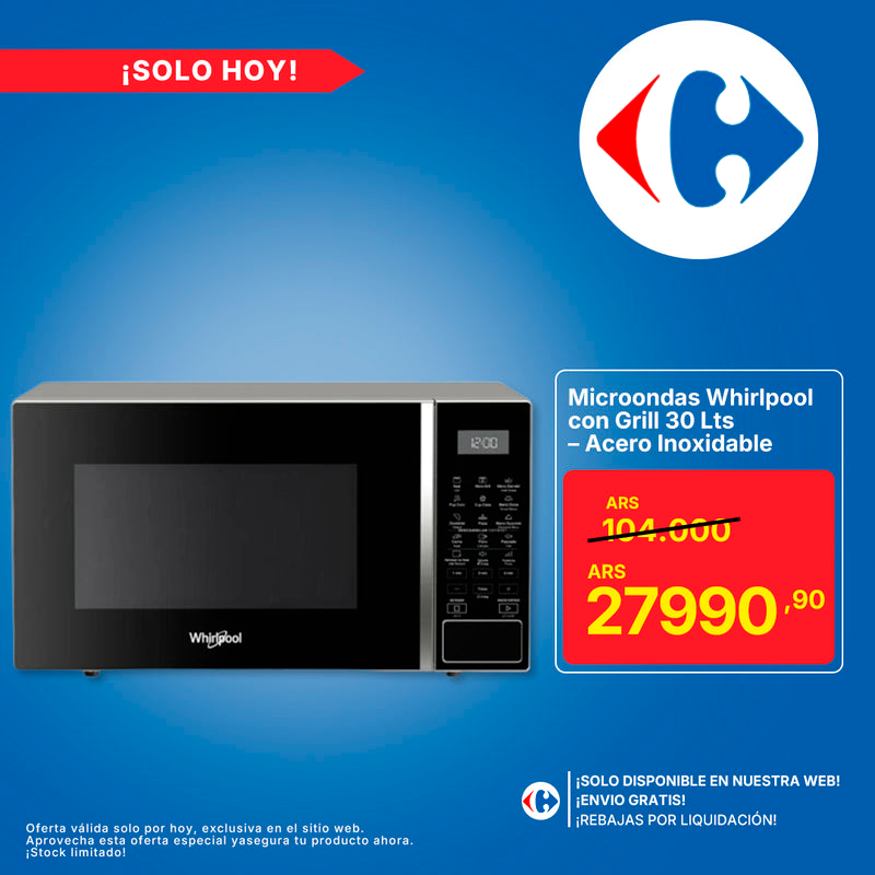 Microondas Whirlpool con Grill 30 Lts – Acero Inoxidable